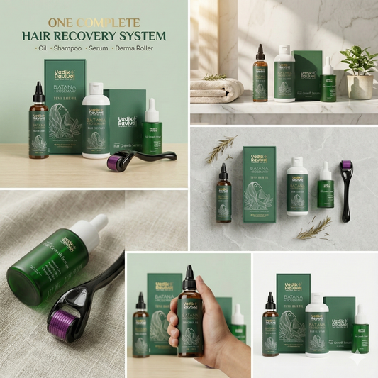 Vedik Revival Ultimate Hair Recovery Combo | Batana & Rosemary Hair Oil + Advanced Hair Growth Serum (Redensyl 3%, Anagain, Procapil, Capixyl) + Mild Shampoo + 0.5mm Derma Roller | Hair Regrowth & Baldness Support | Men & Women